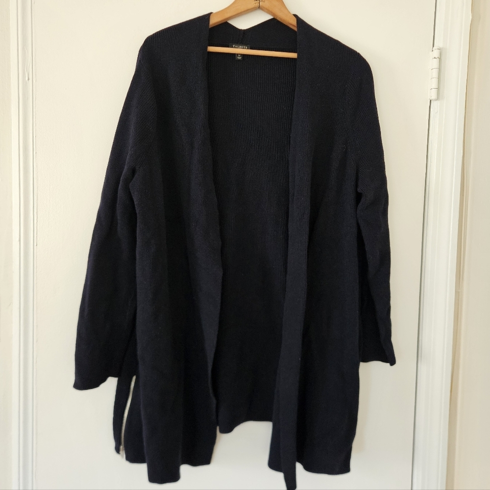 Talbots Womens Sweater Cardigan 1X Open Navy Exposed Zipper Ribbed Relaxed